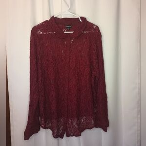 Torrid Lace Button Up Top 5X Burgundy Sheer  Whimsigoth Dark Romantic NWOT